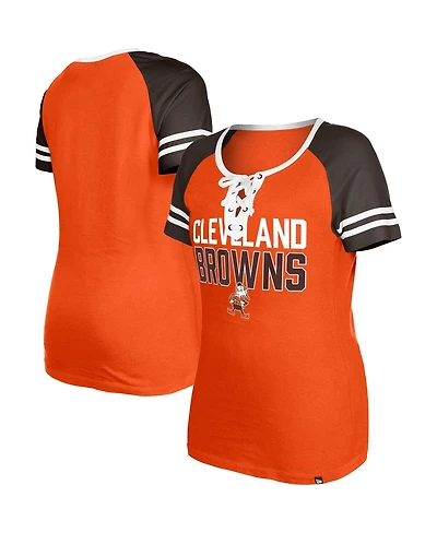Women's New Era Orange Distressed Cleveland Browns Throwback Raglan Lace-Up T-shirt