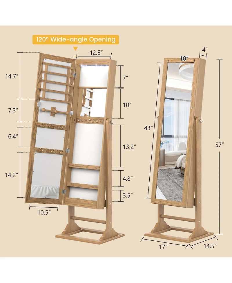 Jewelry Cabinet Full-Length Mirror Lockable Jewelry Armoire with 6 Lights