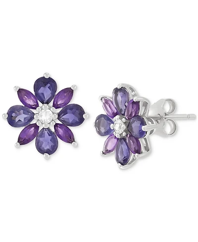 Iolite (1 ct. t.w.), Amethyst (1/2 ct. t.w.) & White Topaz (1/20 ct. t.w) Flower Stud Earrings in Sterling Silver