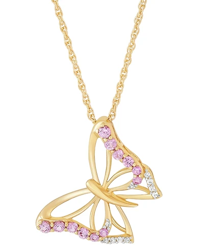 Lab-Grown Pink Sapphire (3/8 ct. t.w.) & Lab-Grown White Sapphire (1/20 ct. t.w.) Butterfly Pendant Necklace in 14k Gold-Plated Sterling Silver, 16" +