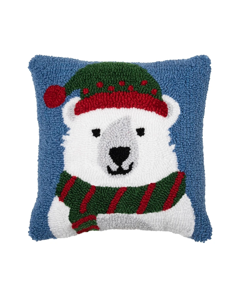 C&F Home 12" x 12" White Polar Bread Wearing Hat and Scarf on Blue Background Holiday Winter Cotton Hooked Pillow Accent Throw Pillow