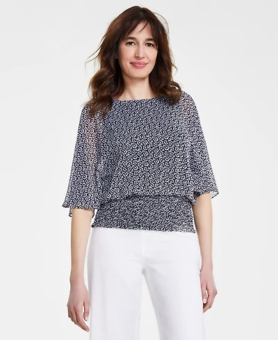 Sam & Jess Women's Round-Neck 3/4-Sleeve Smocked-Waist Blouse