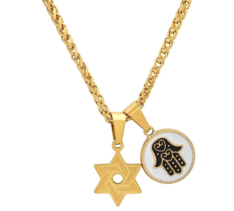 Steeltime Men's 18K Gold Plated Star of David & Hamsa Round Pendant Necklace, 24"