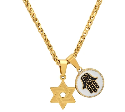 Steeltime Men's 18K Gold Plated Star of David & Hamsa Round Pendant Necklace, 24"