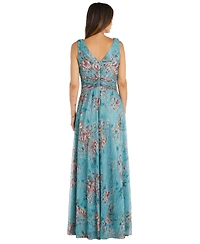 R & M Richards Women's Metallic Floral Print Sleeveless Gown