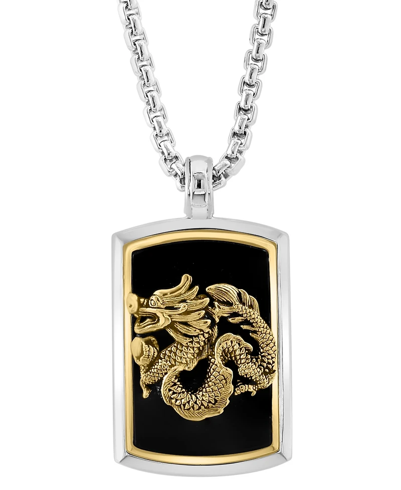 Effy Men's Onyx Dragon Dog Tag 22" Pendant Necklace in Sterling Silver & 14k Gold-Plate