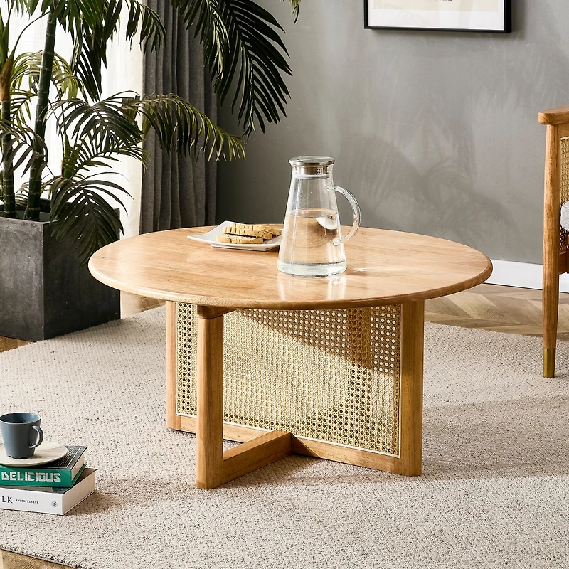 Elegant wooden coffee table with faux rattan accents