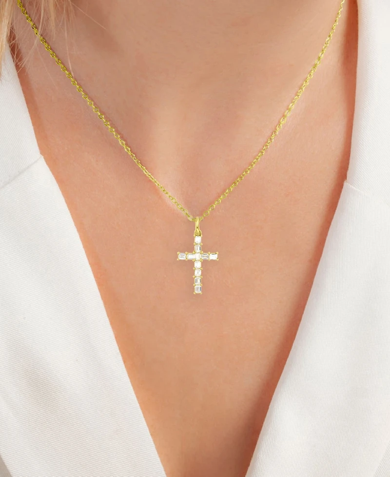 Cubic Zirconia Baguette Cross 18" Pendant Necklace in 10k Gold