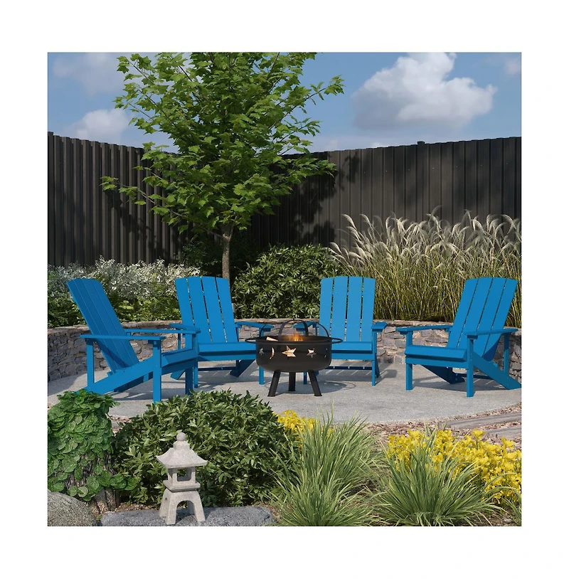 Ayala 5 Piece Outdoor Leisure Set With Of 4 Poly Resin Adirondack Chairs And Star Moon Iron Fire Pit