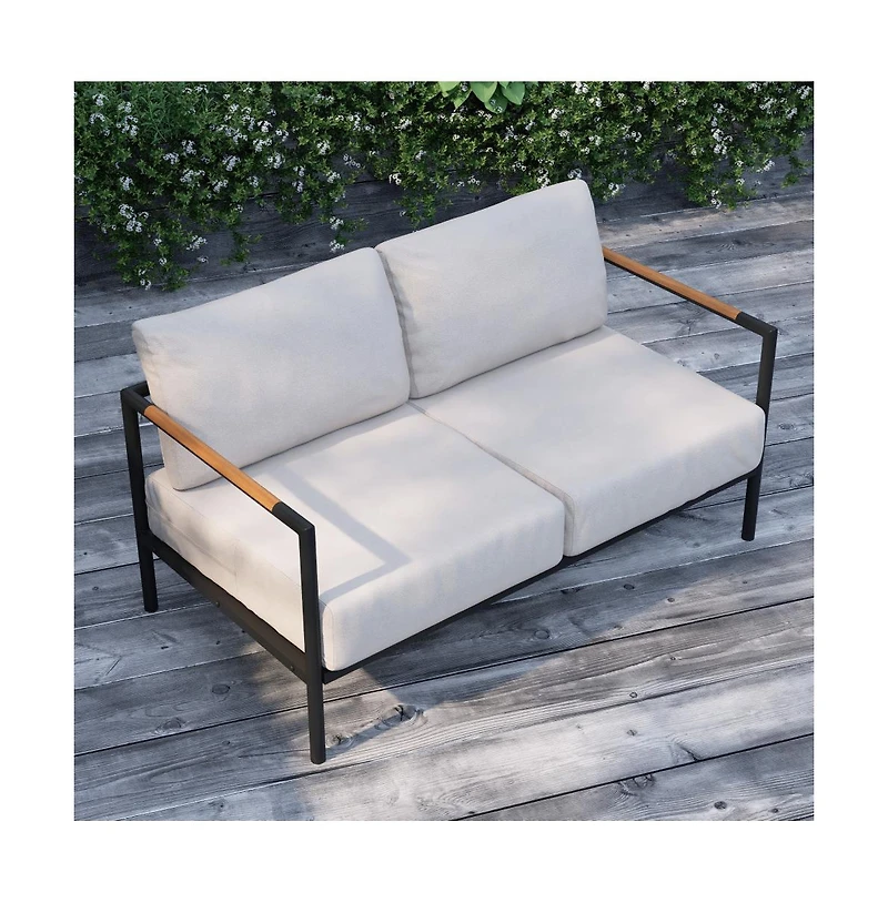 Eastport Outdoor Loveseat With Removable Plush Fabric Cushions And Teak Accented Aluminum Frame
