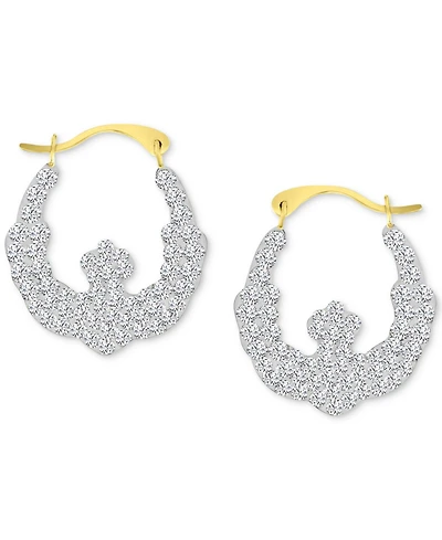 Crystal Pave Wavy Patterned Small Hoop Earrings in 10k Gold, 0.73"
