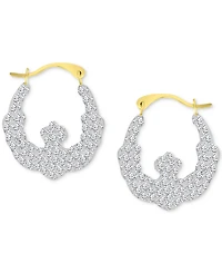 Crystal Pave Wavy Patterned Small Hoop Earrings in 10k Gold, 0.73"