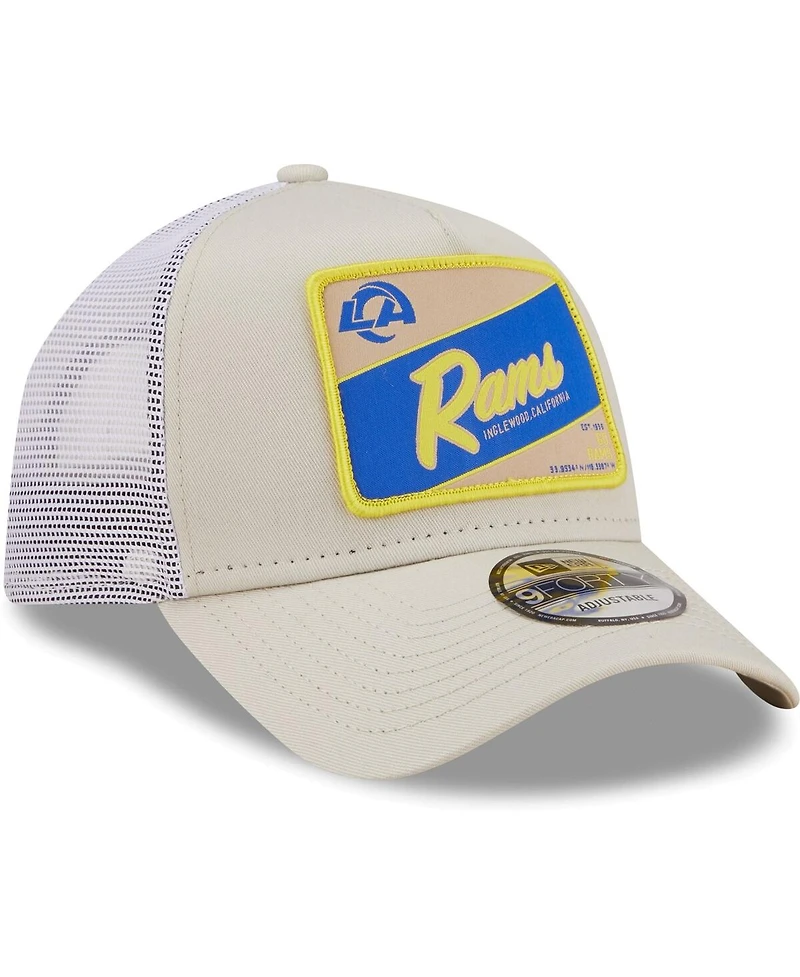 Men's New Era Khaki, White Distressed Los Angeles Rams Happy Camper A-Frame Trucker 9FORTY Snapback Hat