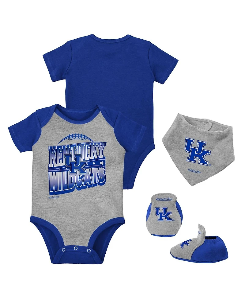 Baby Boys and Girls Mitchell & Ness Royal, Heather Gray Kentucky Wildcats 3-Pack Bodysuit, Bib Bootie Set