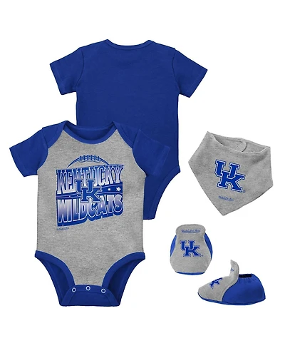 Baby Boys and Girls Mitchell & Ness Royal, Heather Gray Kentucky Wildcats 3-Pack Bodysuit, Bib Bootie Set