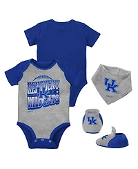 Baby Boys and Girls Mitchell & Ness Royal, Heather Gray Kentucky Wildcats 3-Pack Bodysuit, Bib Bootie Set