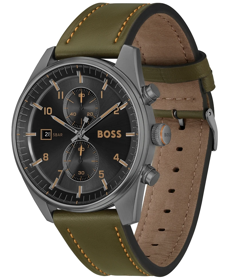 Hugo Boss Men's Skytraveller Quartz Fashion Chrono Green Leather Watch 44mm