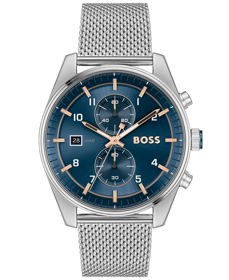 Hugo Boss Men's Skytraveller Quartz Fashion Chrono Silver-Tone Stainless Steel Watch 44mm