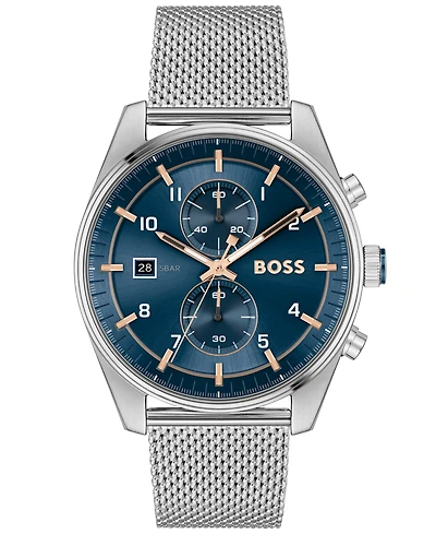 Hugo Boss Men's Skytraveller Quartz Fashion Chrono Silver-Tone Stainless Steel Watch 44mm