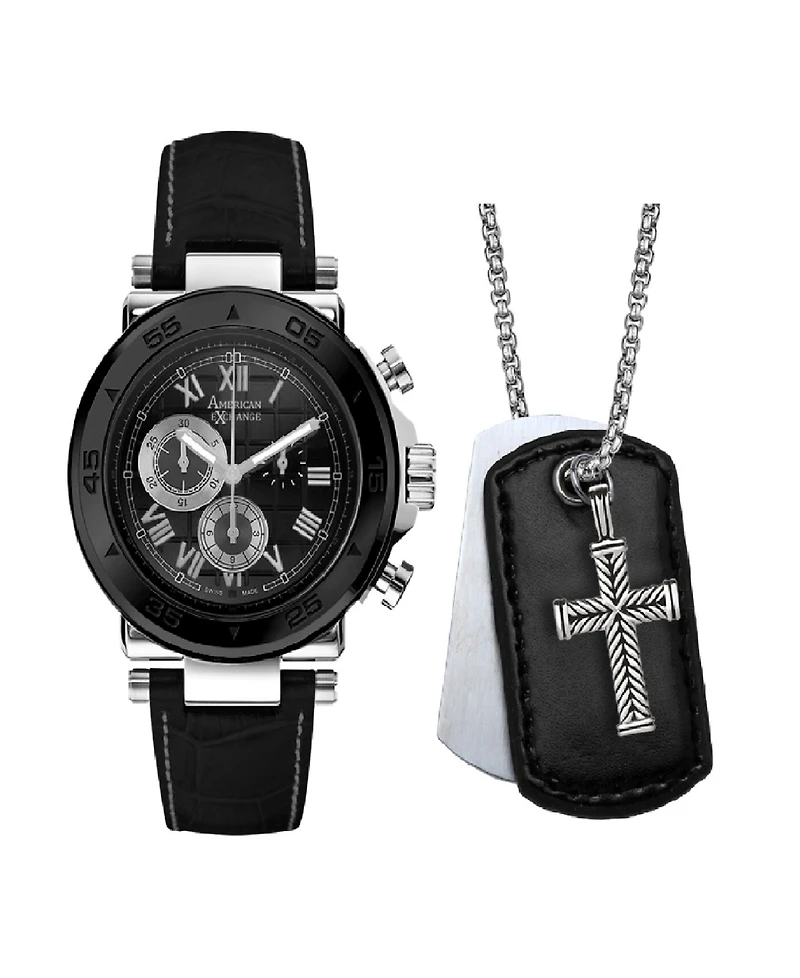 American Exchange Men's Analog, Three-Hand Quartz Black Leather Strap Watch 44mm Gift Set