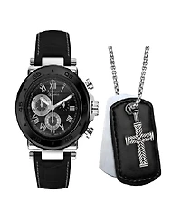 American Exchange Men's Analog, Three-Hand Quartz Black Leather Strap Watch 44mm Gift Set