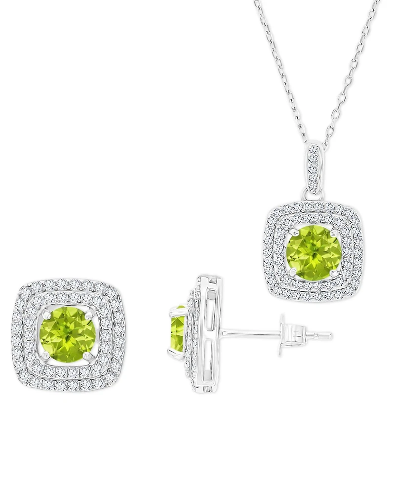 2-Pc. Set Peridot (3-1/4 ct. t.w.) & Lab-Grown White Sapphire (7/8 ct. t.w.) Square Halo Pendant Necklace & Matching Stud Earrings in Sterling Silver