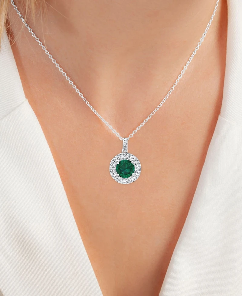 2-Pc. Set Lab-Grown Emerald (3 ct. t.w.) & Lab-Grown White Sapphire (1 ct. t.w.) Halo Pendant Necklace & Matching Stud Earrings in Sterling Silver