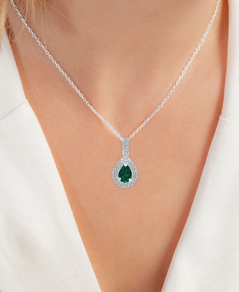 2-Pc. Set Lab-Grown Emerald (2-3/8 ct. t.w.) & Lab-Grown White Sapphire (1 ct. t.w.) Teardrop Halo Pendant Necklace & Matching Stud Earrings in Sterli