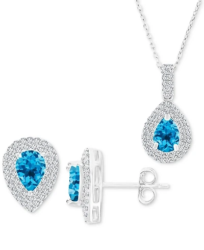 2-Pc. Set Swiss Blue Topaz (2-7/8 ct. t.w.) & Lab-Grown White Sapphire (1 ct. t.w.) Teardrop Halo Pendant Necklace & Matching Stud Earrings in Sterlin