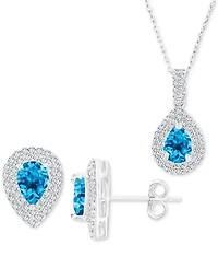 2-Pc. Set Swiss Blue Topaz (2-7/8 ct. t.w.) & Lab-Grown White Sapphire (1 ct. t.w.) Teardrop Halo Pendant Necklace & Matching Stud Earrings in Sterlin