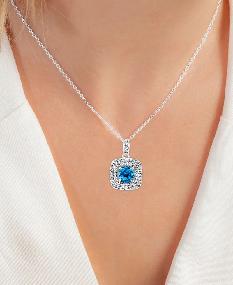 2-Pc. Set Swiss Blue Topaz (3-5/8 ct. t.w.) & Lab-Grown White Sapphire (7/8 ct. t.w.) Square Halo Pendant Necklace & Matching Stud Earrings in Sterlin