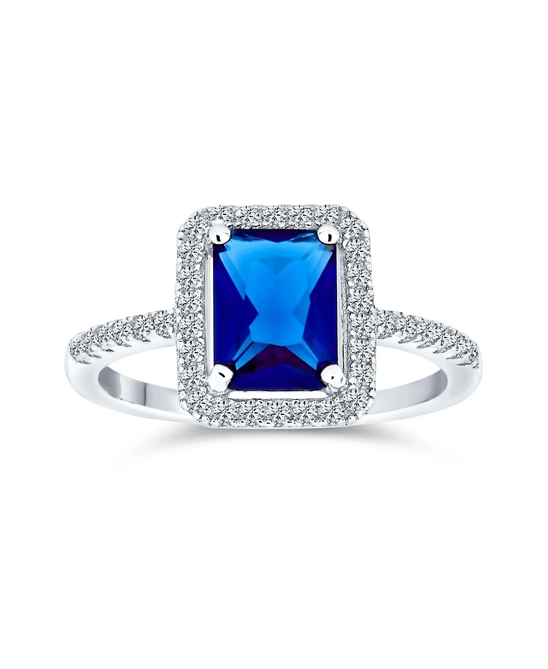 Bling Jewelry 3CT Cz Pave Band Rectangle Solitaire Halo Royal Blue Emerald Cut Promise Ring Sterling Silver