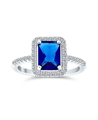 Bling Jewelry 3CT Cz Pave Band Rectangle Solitaire Halo Royal Blue Emerald Cut Promise Ring Sterling Silver