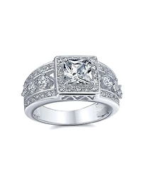 Bling Jewelry Square Cut Halo Cz Art Deco Style Princess Promise Ring Wide 3 Row Band Sterling Silver Ring