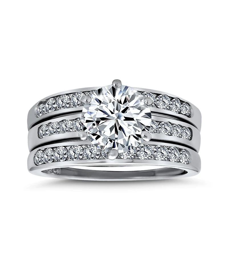 Bling Jewelry 3.5CT Round Solitaire Cz 3 Row Pave Band Guard Enhancers Promise Ring Set Sterling Silver