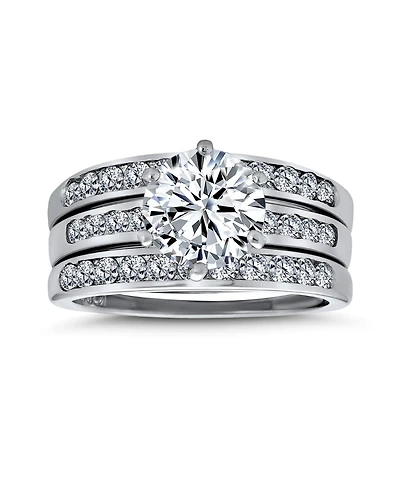 Bling Jewelry 3.5CT Round Solitaire Cz 3 Row Pave Band Guard Enhancers Promise Ring Set Sterling Silver