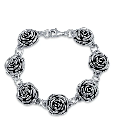 Bling Jewelry Finish Large Statement 3D Garden Flower Black Rose Bracelet Oxidized Sterling Silver 7.5 Inch