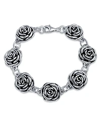 Bling Jewelry Finish Large Statement 3D Garden Flower Black Rose Bracelet Oxidized Sterling Silver 7.5 Inch