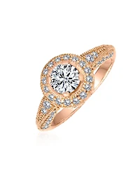 Bling Jewelry Art Deco Style Milgrain Edge Halo Cubic Zirconia Circlet Round Solitaire Promise Ring Rose Gold Plated .925 Sterling Silver