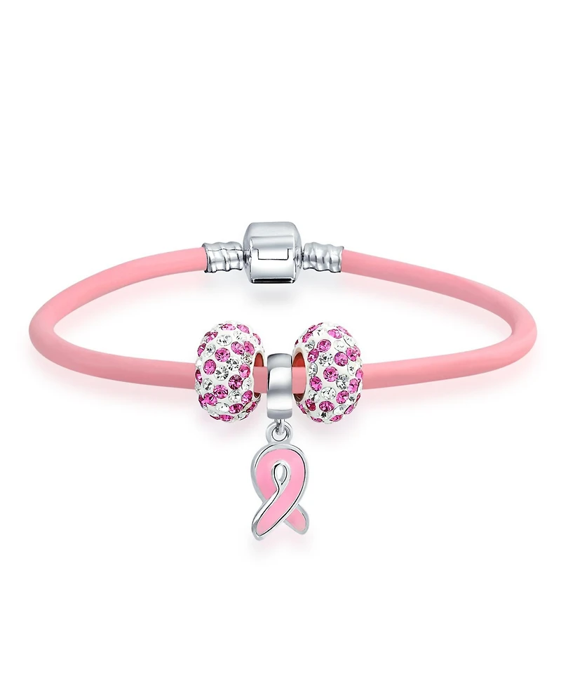 Bling Jewelry Support Breast Cancer Survivor Pink Ribbon Bead Charm Leather Bracelet .925 Silver
