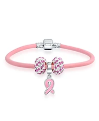 Bling Jewelry Support Breast Cancer Survivor Pink Ribbon Bead Charm Leather Bracelet .925 Silver