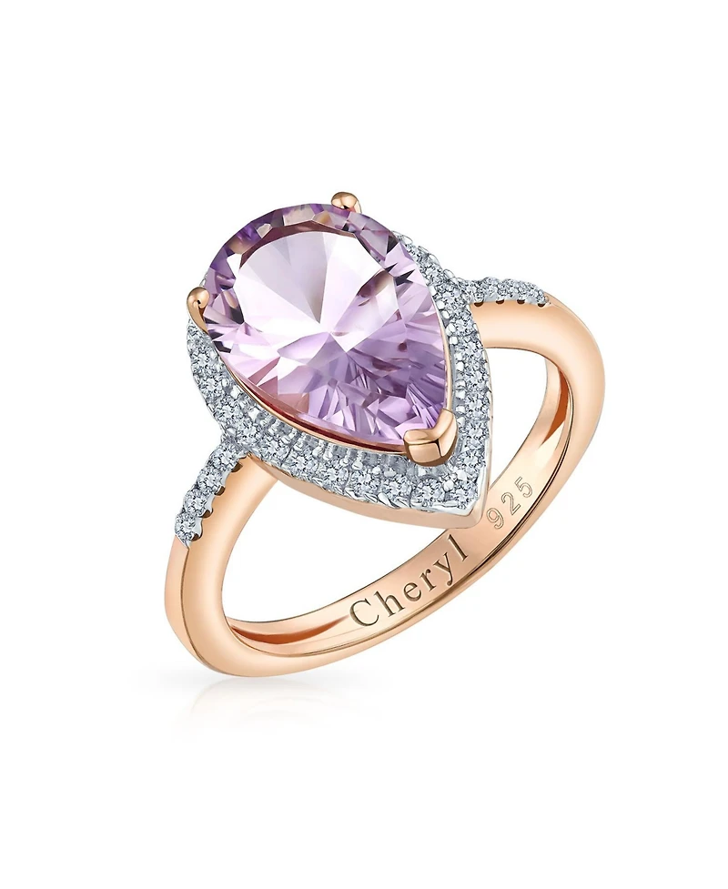 Bling Jewelry 3.75CTW Halo Teardrop Pink Amethyst Zircon Ring Rose Gold Plated Sterling Silver