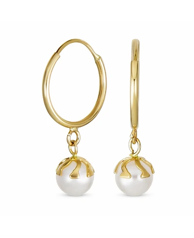 Bling Jewelry Petite Tiny10K Yellow Gold White 4.5 Mm Round Freshwater Cultured Pearl Drop Ball Dangle Hoop Earring