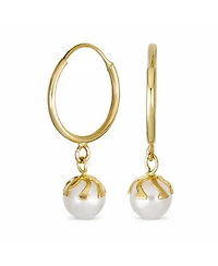 Bling Jewelry Petite Tiny10K Yellow Gold White 4.5 Mm Round Freshwater Cultured Pearl Drop Ball Dangle Hoop Earring