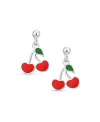 Bling Jewelry Small Summer Food Fruit Red Enamel Cherry Drop Earrings Sterling Silver