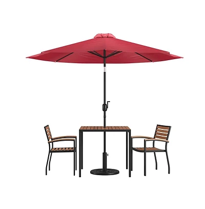 Hampstead Five Piece Faux Teak Patio Dining Set Includes Table, Two Club Chairs, 9' Umbrella And Base