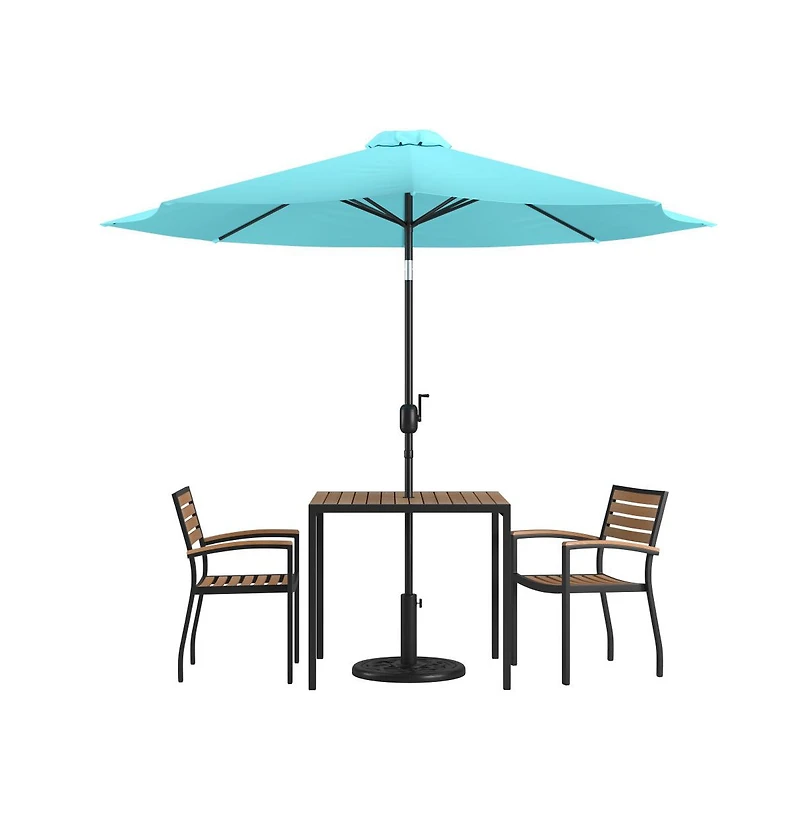 Hampstead Five Piece Faux Teak Patio Dining Set Includes Table, Two Club Chairs, 9' Patio Umbrella And Base