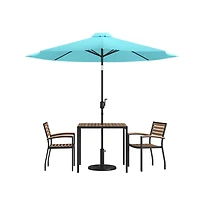Hampstead Five Piece Faux Teak Patio Dining Set Includes Table, Two Club Chairs, 9' Patio Umbrella And Base