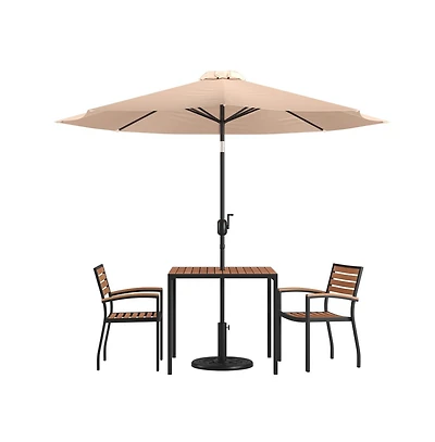 Hampstead Five Piece Faux Teak Patio Dining Set Includes Table, Two Club Chairs, 9' Patio Umbrella And Base