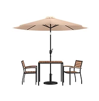 Hampstead Five Piece Faux Teak Patio Dining Set Includes Table, Two Club Chairs, 9' Patio Umbrella And Base